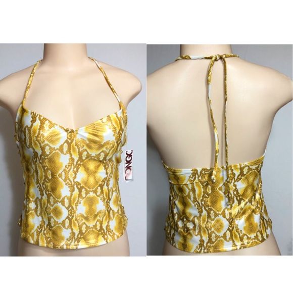 NWT Bongo Swimsuit Halter Top SnakeReptile Animal Print Gold Yellow White SZ S - Picture 6 of 16